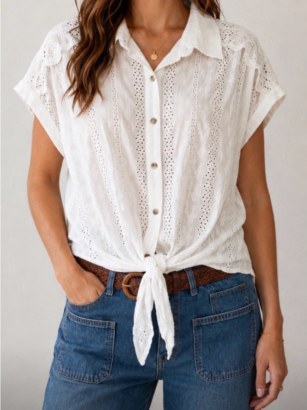 NWOT! LOLA P White Eyelet Tie Front Button Down Blouse, SMALL